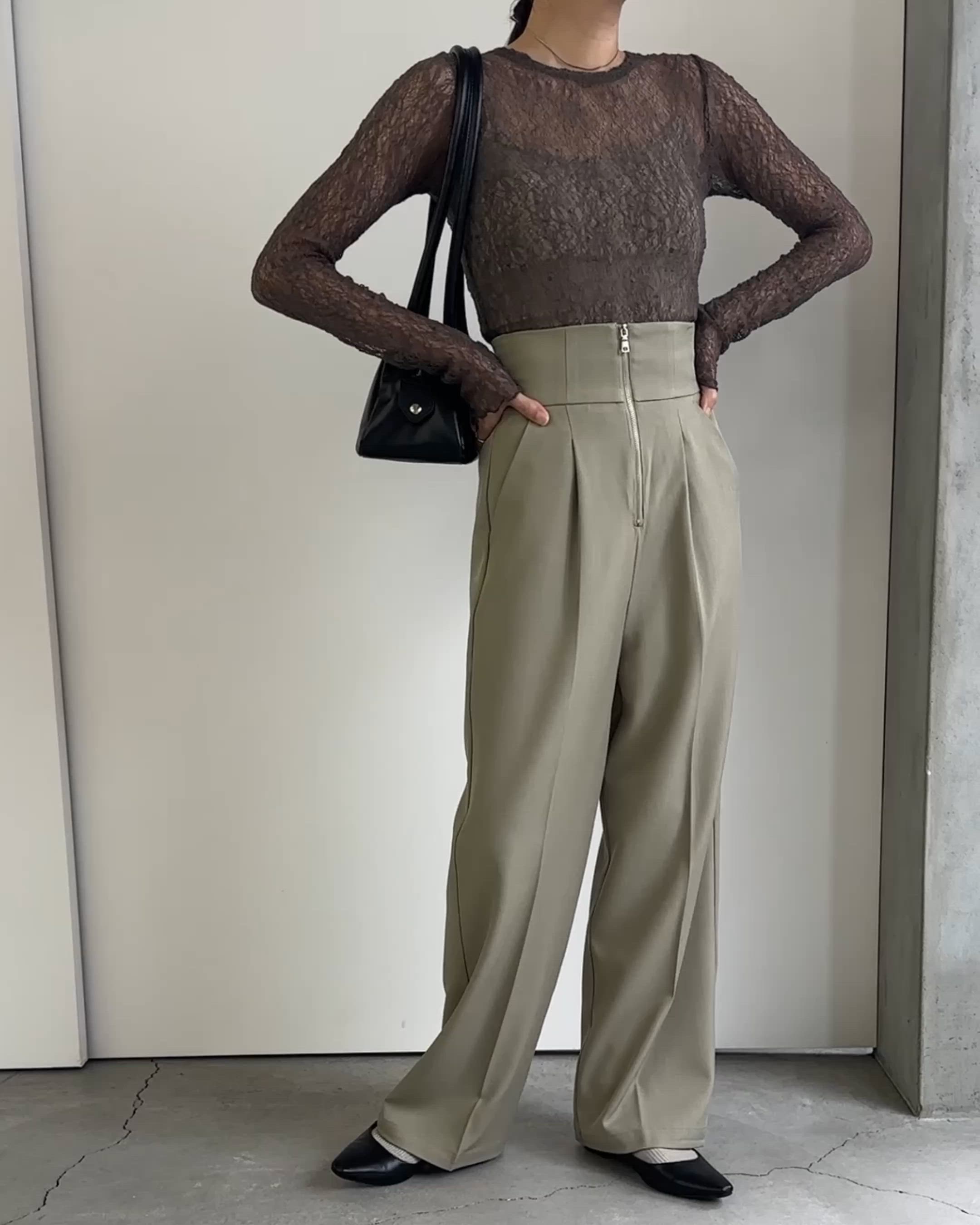 セール】フロントファスナーハイウエストタックパンツ（スラックス