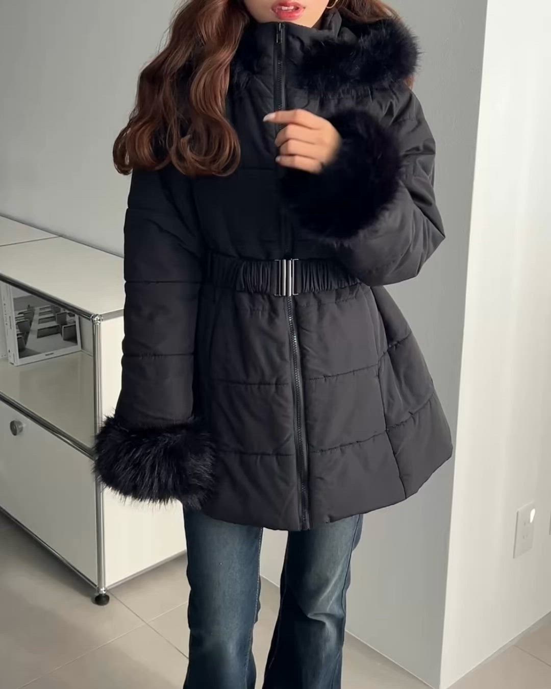 セール】ベルト付きフードファーダウンコート（ダウンジャケット