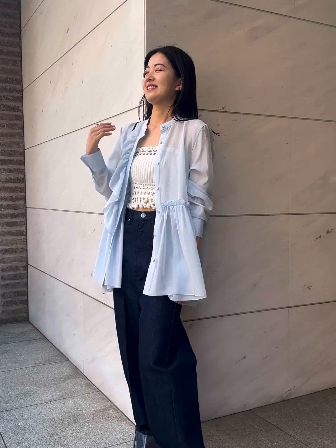 ESTNATION コットンシルク フリルチュニックブラウス ライトブルー