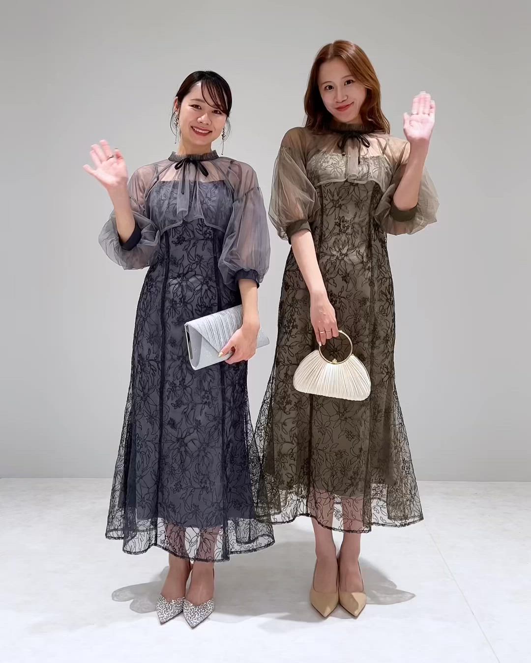 リボン付きパフスリーブシアーボレロ刺繍レースマーメイドシルエットキャミワンピース セール】【LEJA】リボン付きパフスリーブシアーボレロ刺繍レース