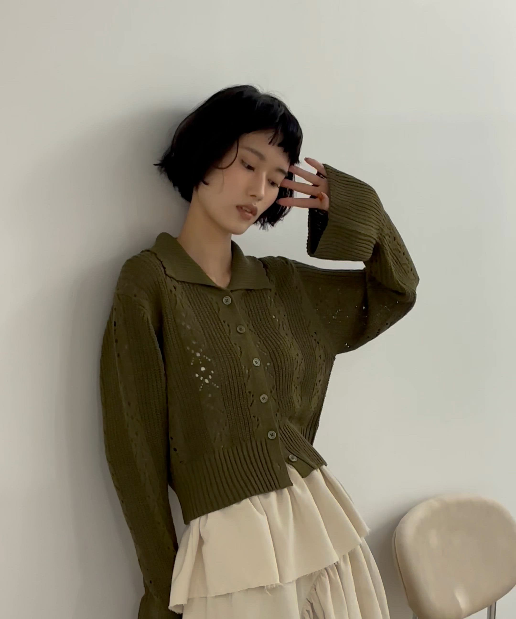 セール】針抜きジャガードニットポロカーディガン（カーディガン