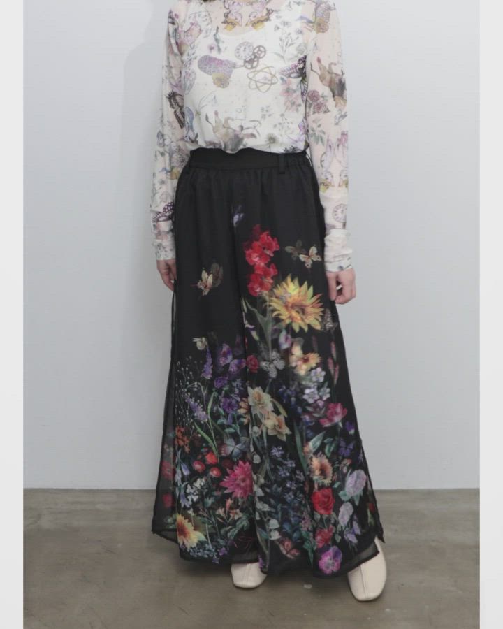イズスカラー 花蝶フリンジシフォン 異素材MIXカーゴパンツ 562224：花柄シフォン×花柄生地 3D風パンツ（その他パンツ）｜iS
