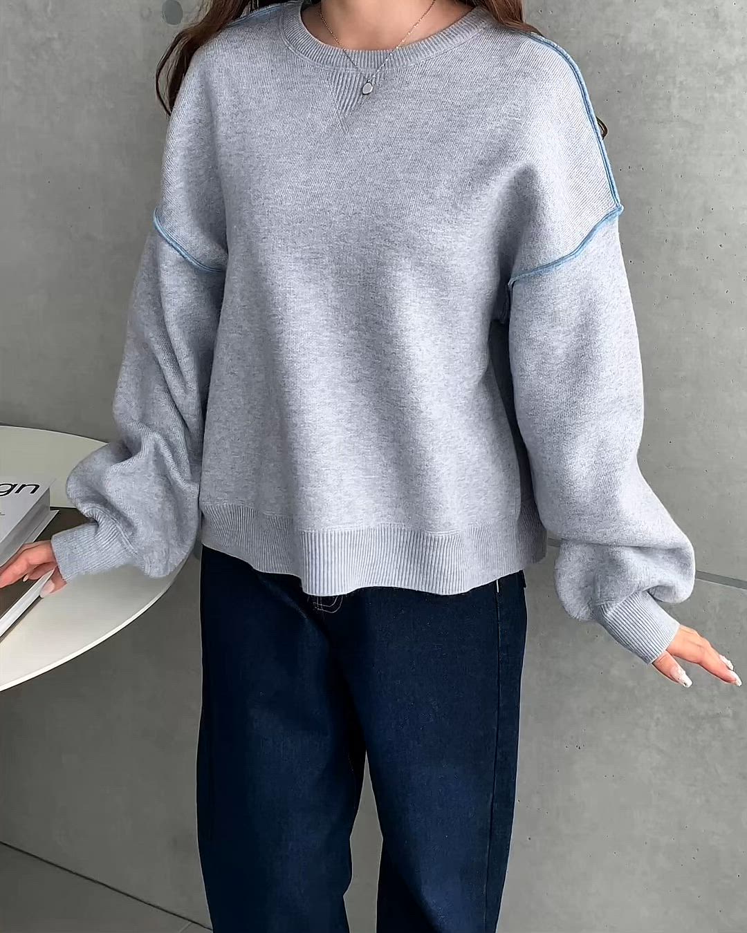 セール】リンキング配色スウェットライクニットプルオーバー(自宅で