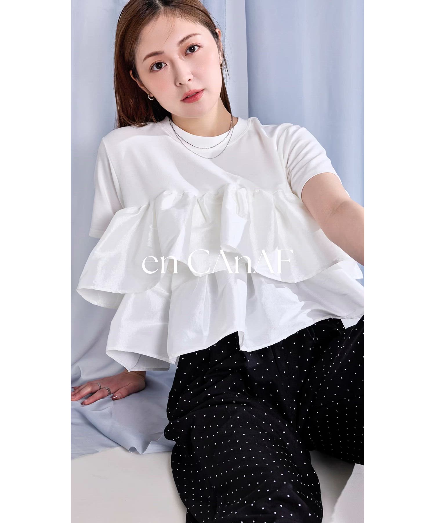 セール】【1枚で華やぐ主役トップス】ナイロンドッキングフリルTシャツ