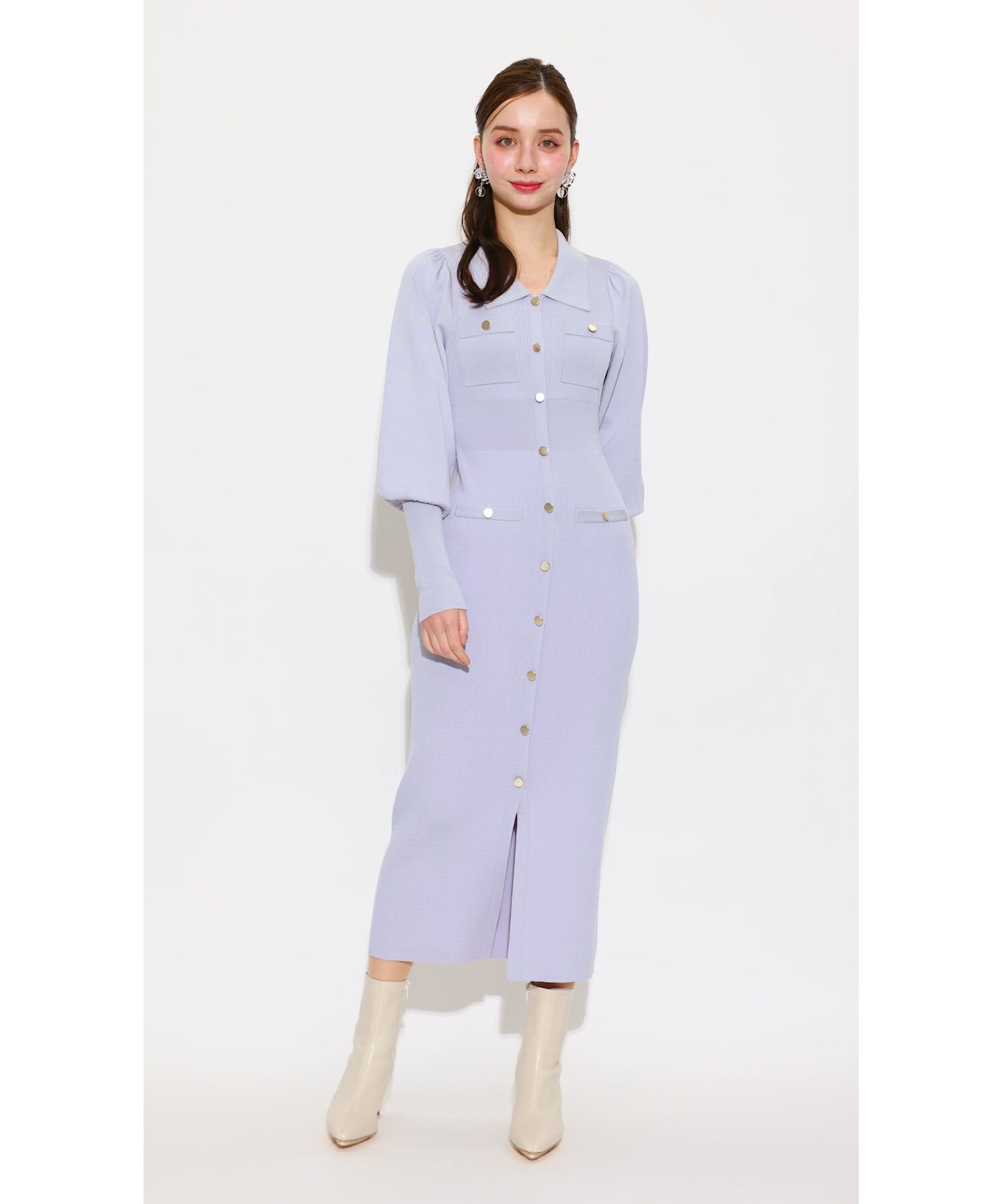 セール】パフロングスリーブニットタイトワンピース 秋服（ワンピース