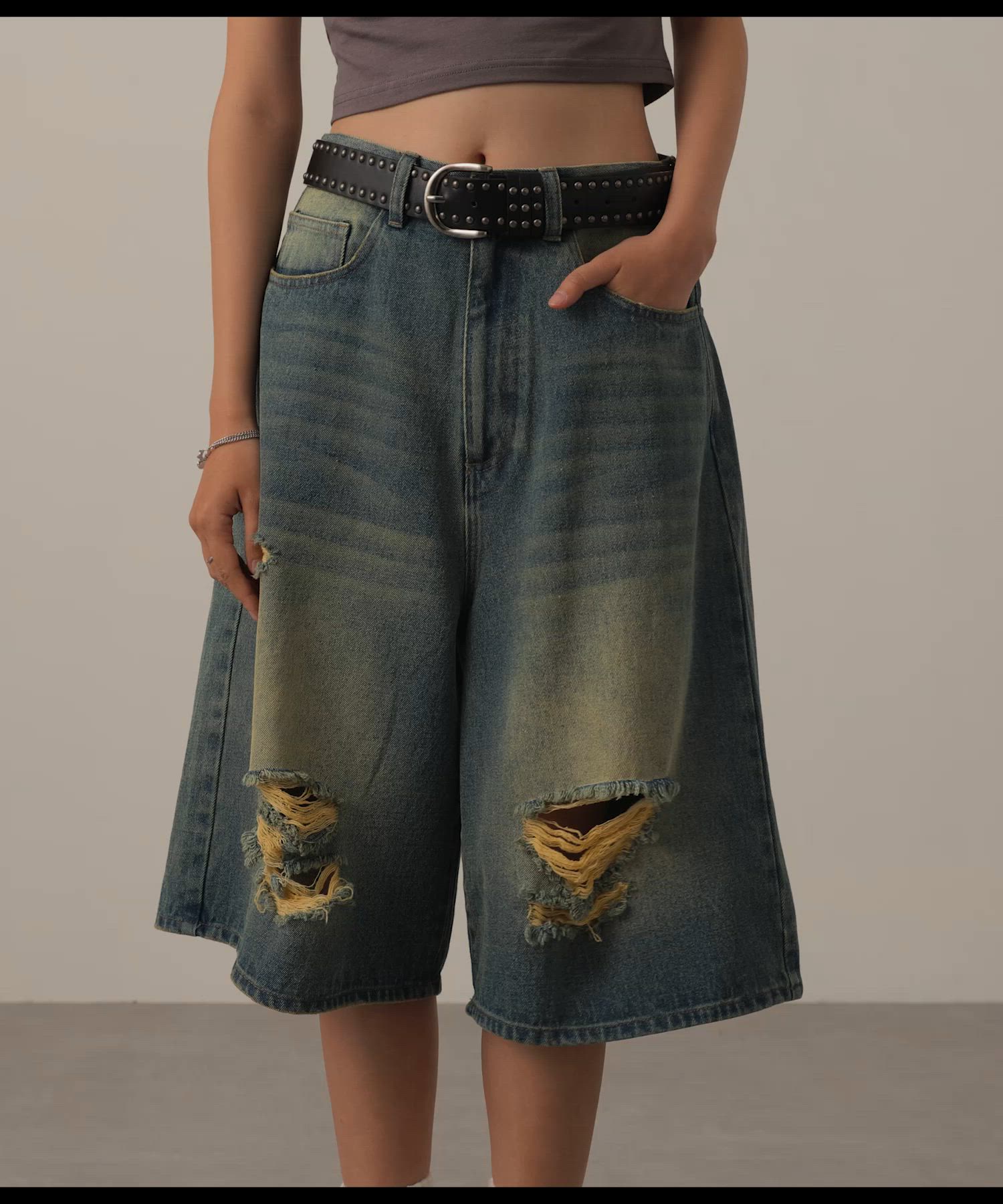 セール】【Snap club】ヴィンテージ加工ダメージデニムワイドジョーツ