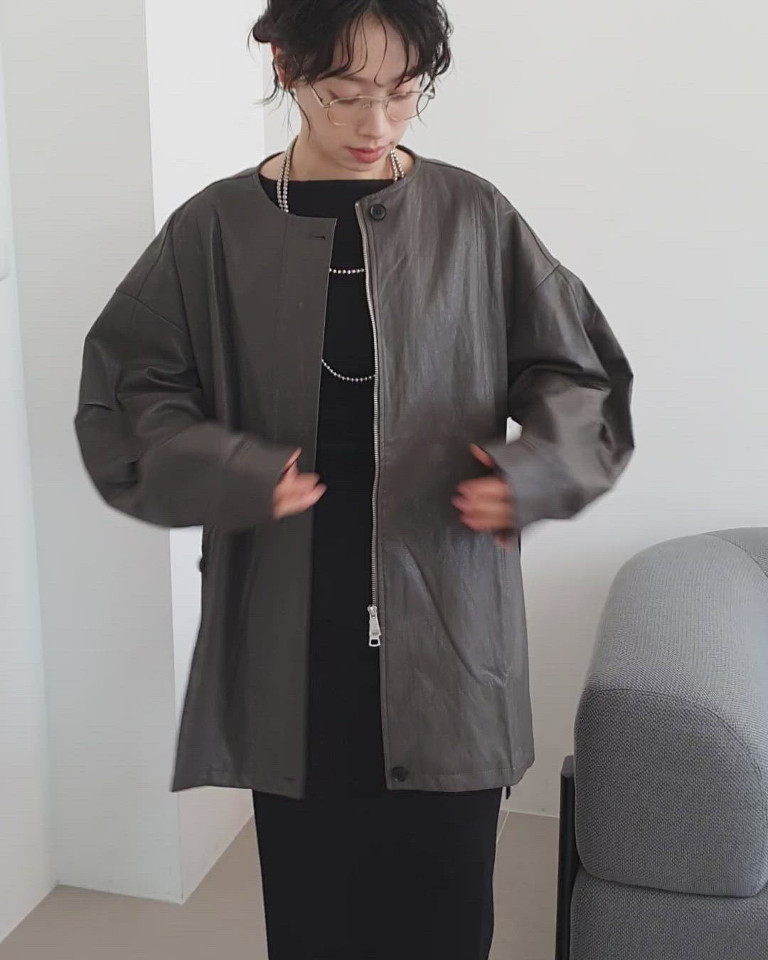 leather like no collar zip up coat /レザーライクノーカラージップ