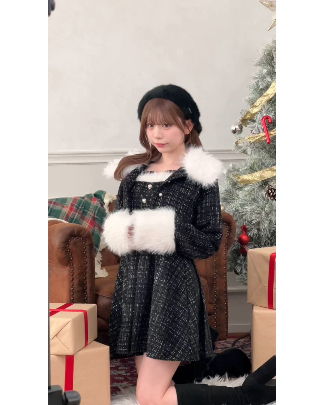 セット着用可能】ファー付きツイードミニキャミワンピース（ワンピース