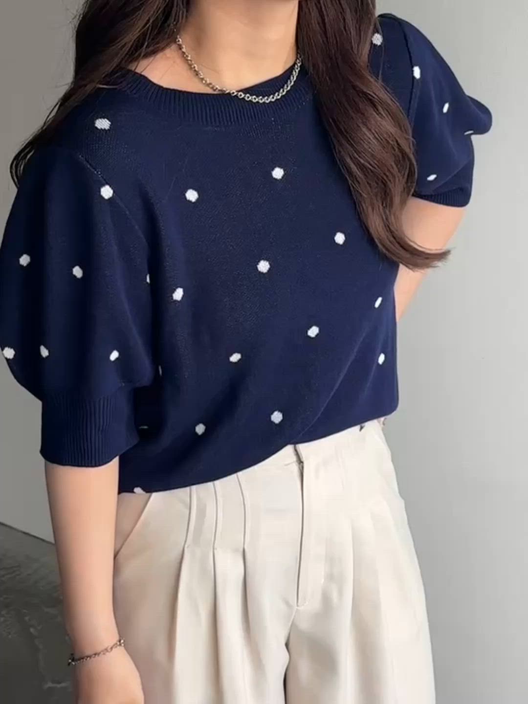 セール】夏 にぴったり。ドット柄ジャガード半袖トップス（ニット