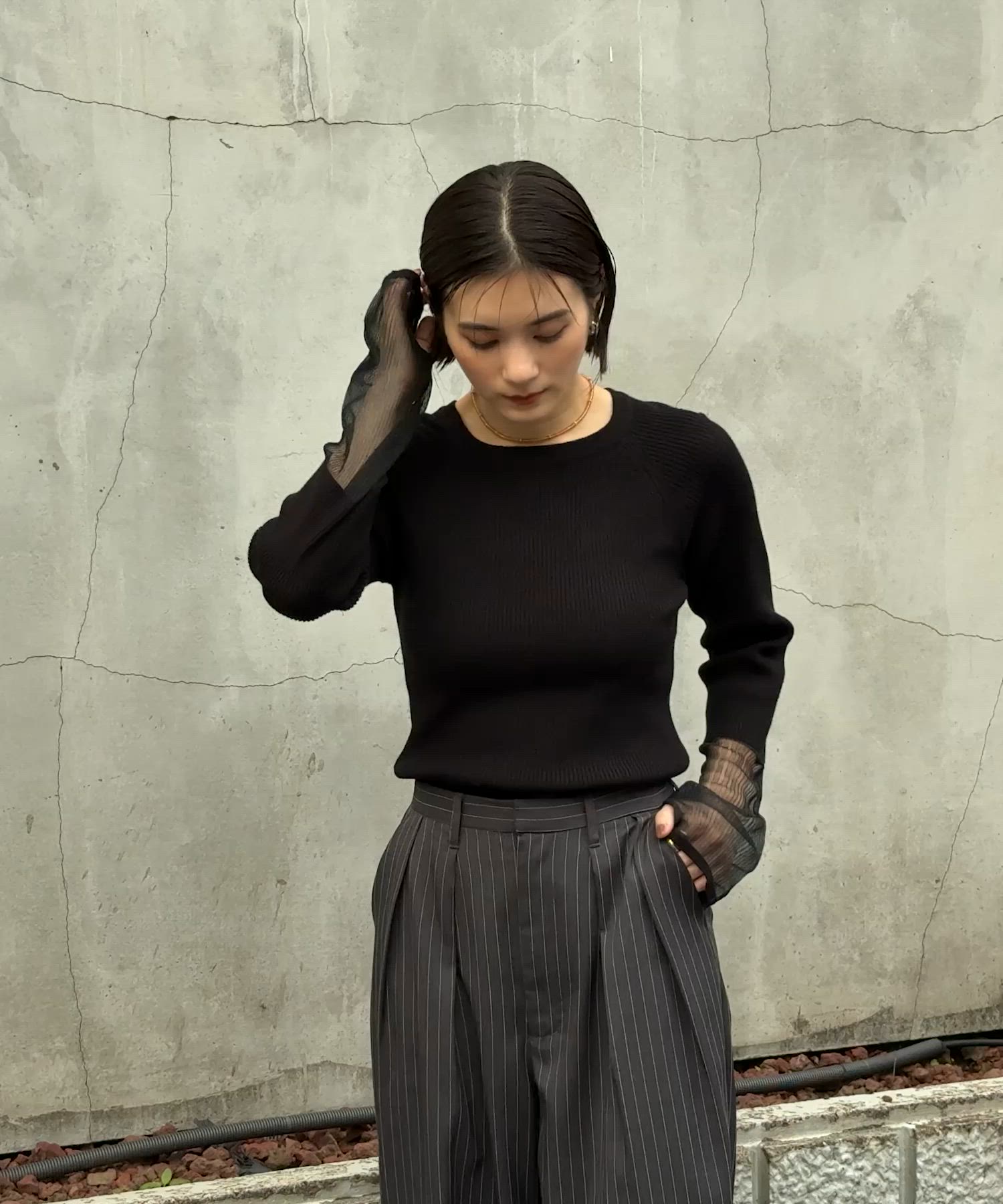 マシンウォッシャブル/アンチピリング＞袖シアー切替 クルーネック