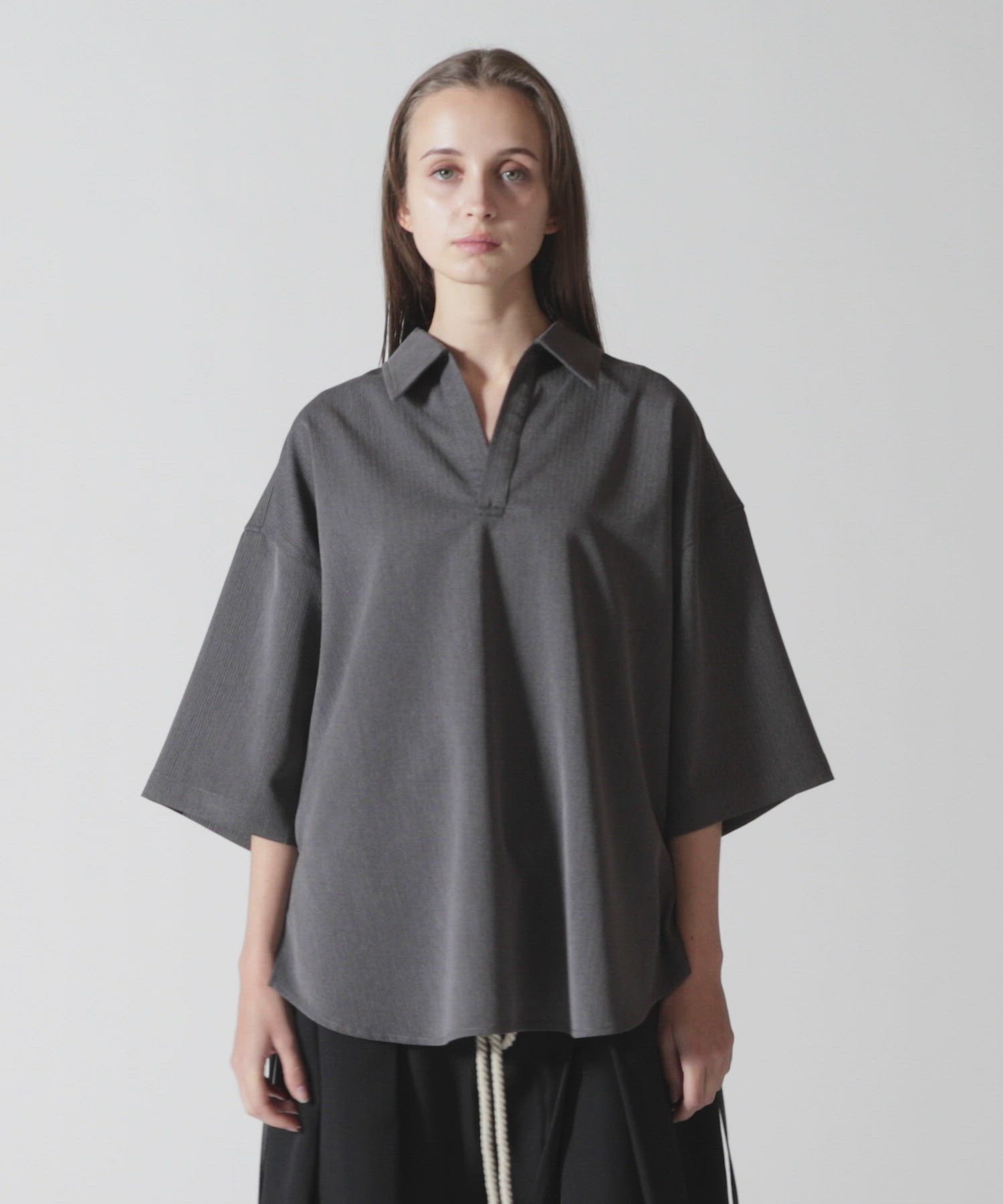 CLEL】Herringbone TR Short Sleeve Side Lace Skipper Shirt