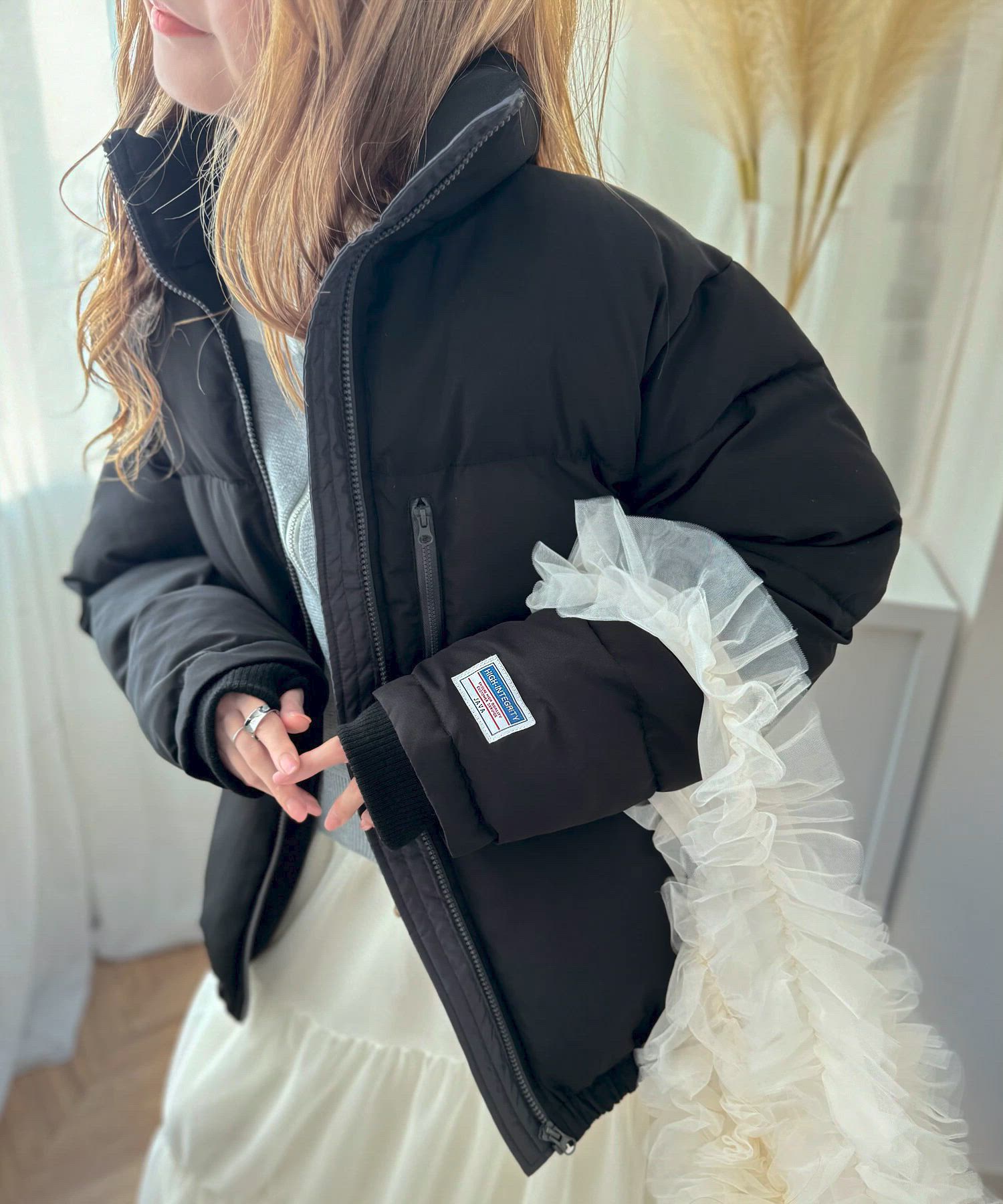 MoNiLEボリューム袖パーカーブルゾン　エコレザー MONO-MART（モノマート） ブルゾン アウター ビッグシルエット切り替え