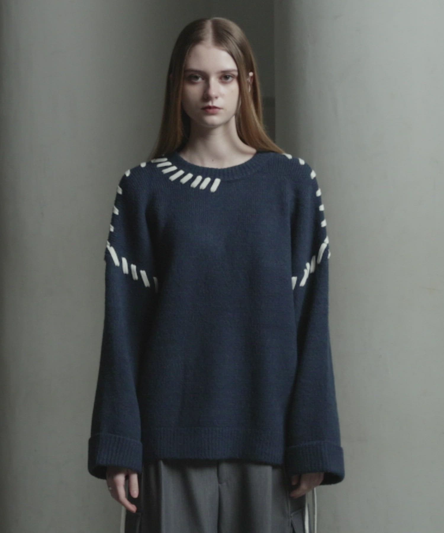 CLEL】Hand Stitching Side Lace Knit/ハンドステッチ サイドレース