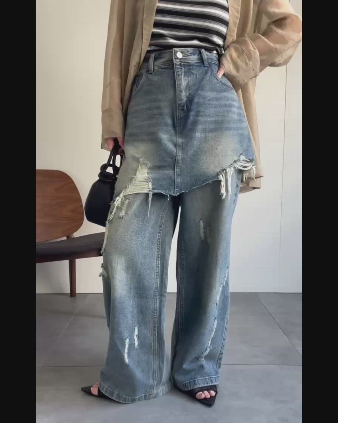セール】スカートレイヤードダメージデニムパンツ《動画あり》（デニム