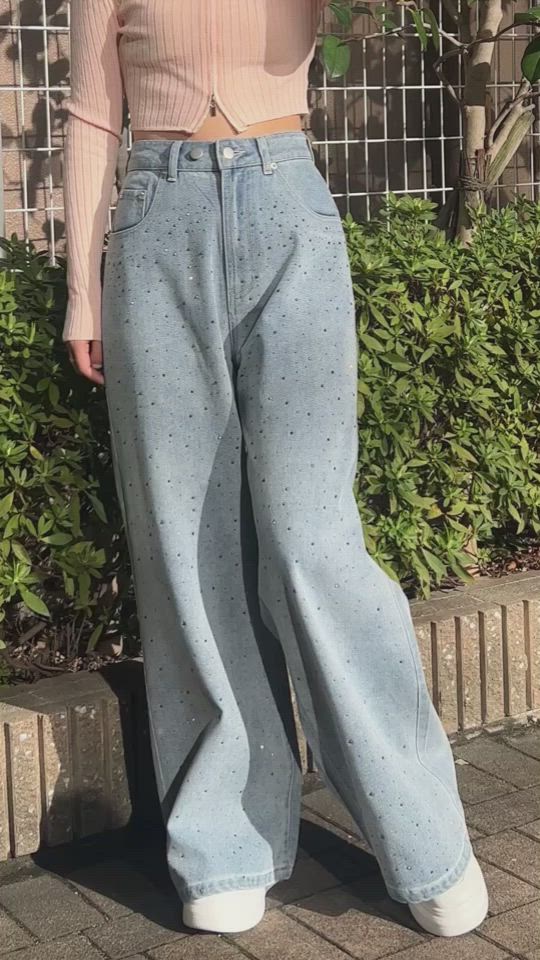 セール】【低身長サイズ有】ラインストーン付きヴィンテージワイド