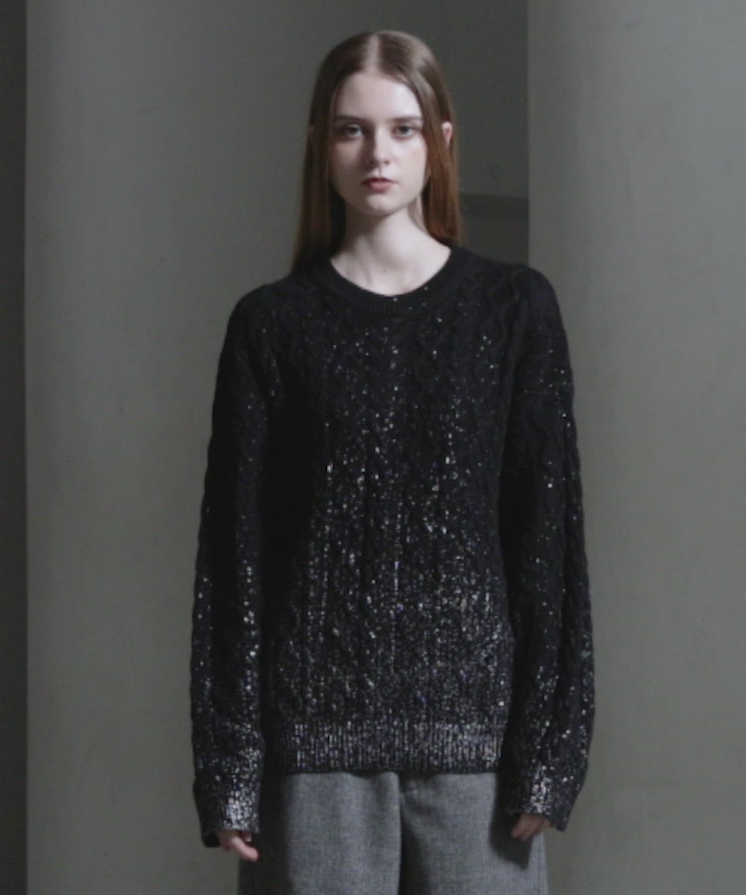 CLEL】Foil Print Cable Crew Neck Knit / 箔プリント ケーブルクルー