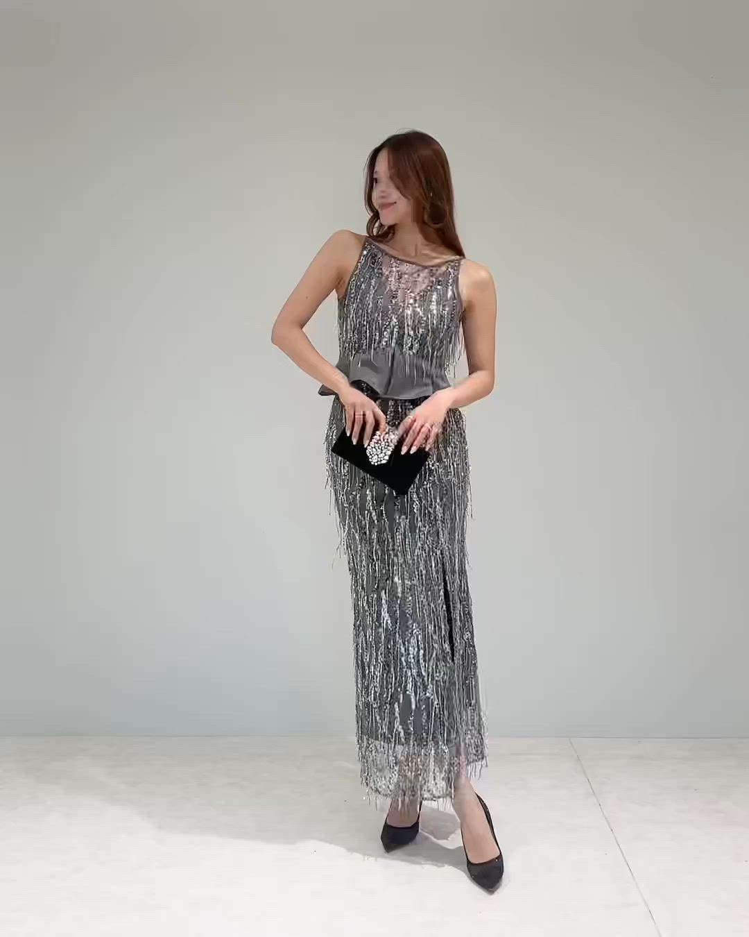 セール】【LEJA LUXE】シルバーフリンジスパンコールペプラム