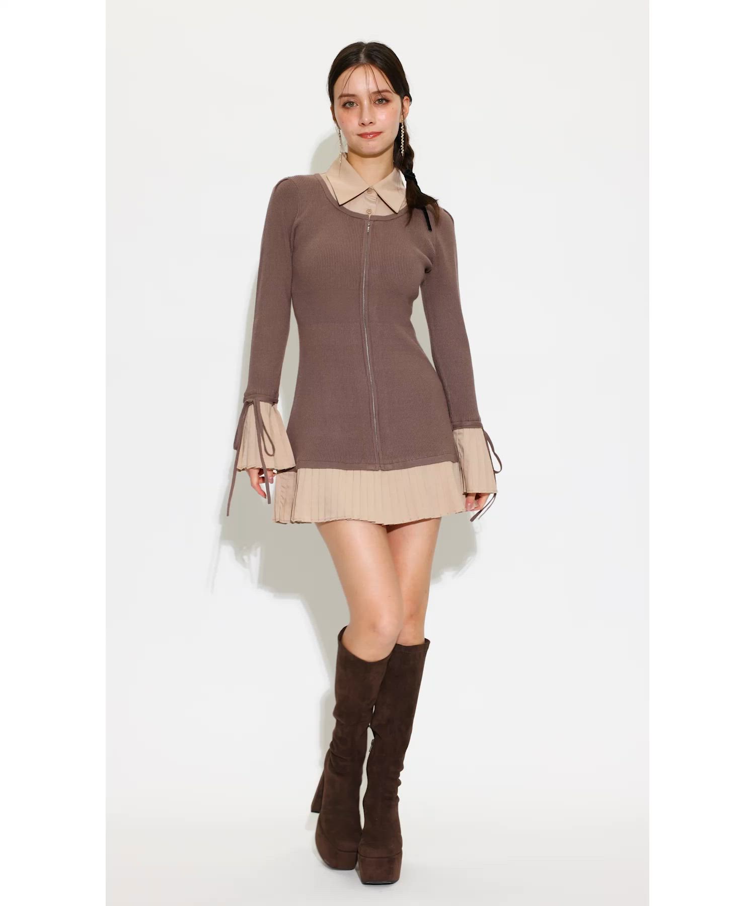 セール】レイヤードパターンシャツニットミニワンピース 秋服 冬服