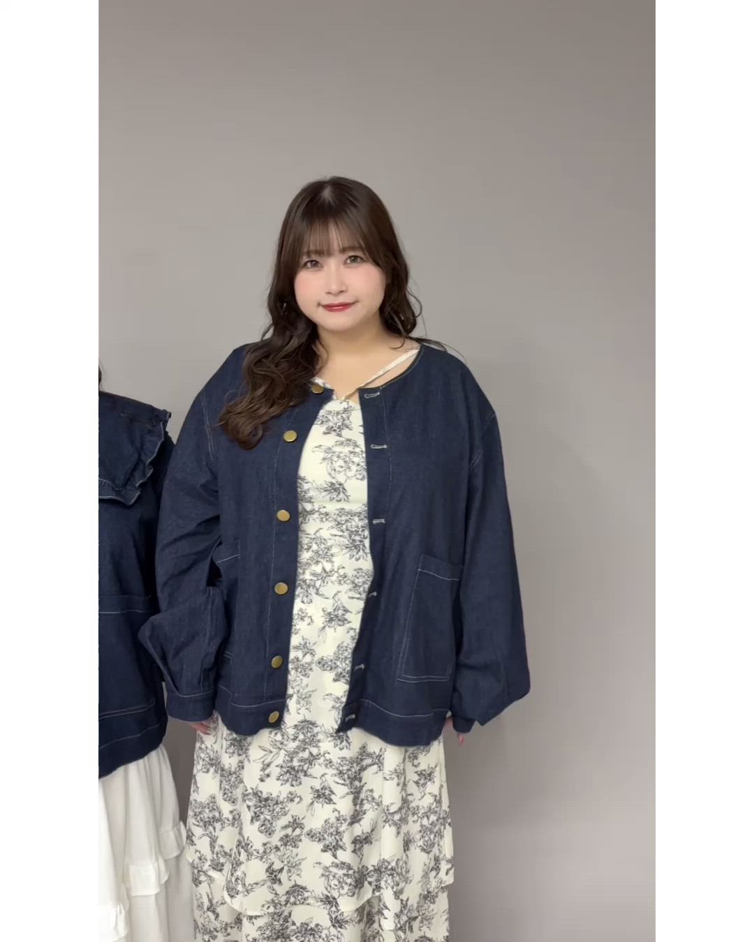 大きいサイズ】つけ襟+ノーカラーデニムジャケット（ノーカラー