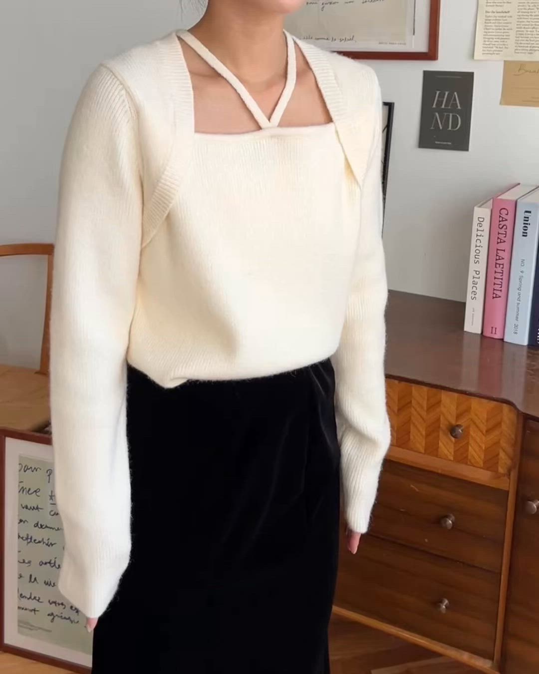Rene ♡ふわふわボレロ　カシミヤ100%　パール 36　白 セール】ホルターボレロ風ニットプルオーバー（カーディガン/ボレロ