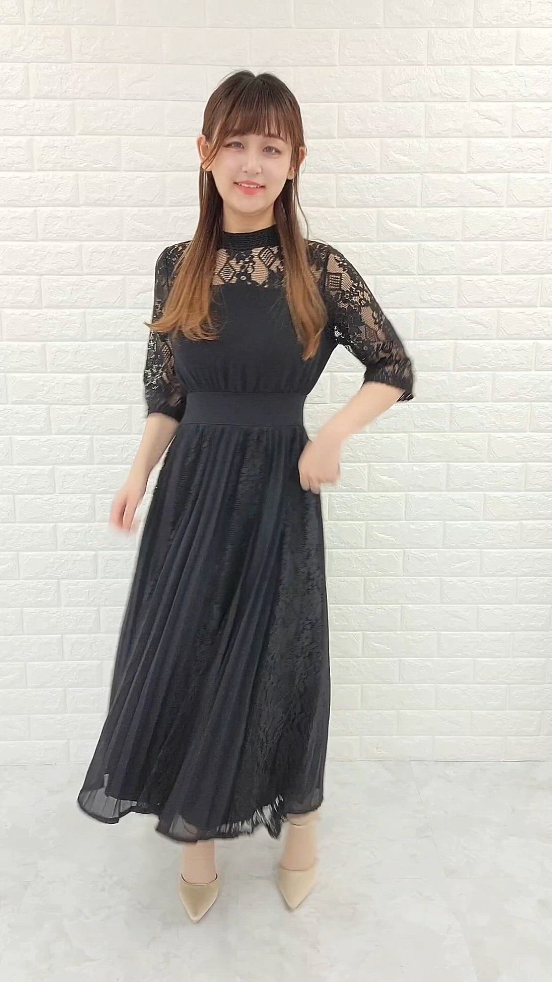 セール】ハイネック五分袖レース切替ワンピースドレス（ドレス）｜Lace