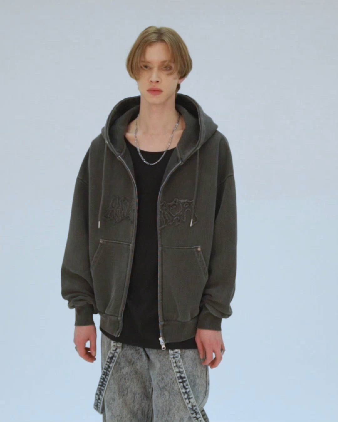 セール】heavy weight logo semi short vintage double zip parker