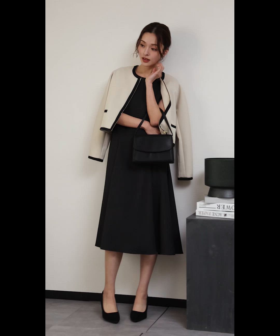 セール】バイカラーラインノーカラージャケット フレアワンピース