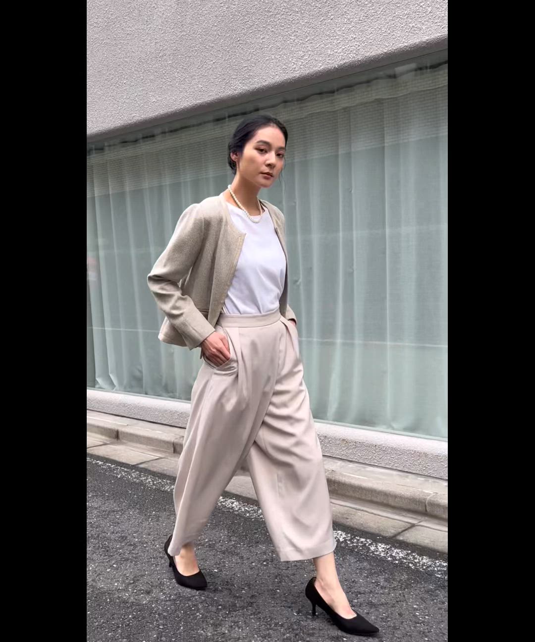 セール】ノーカラー ツイードジャケット 巻きスカート風 ワイドパンツ