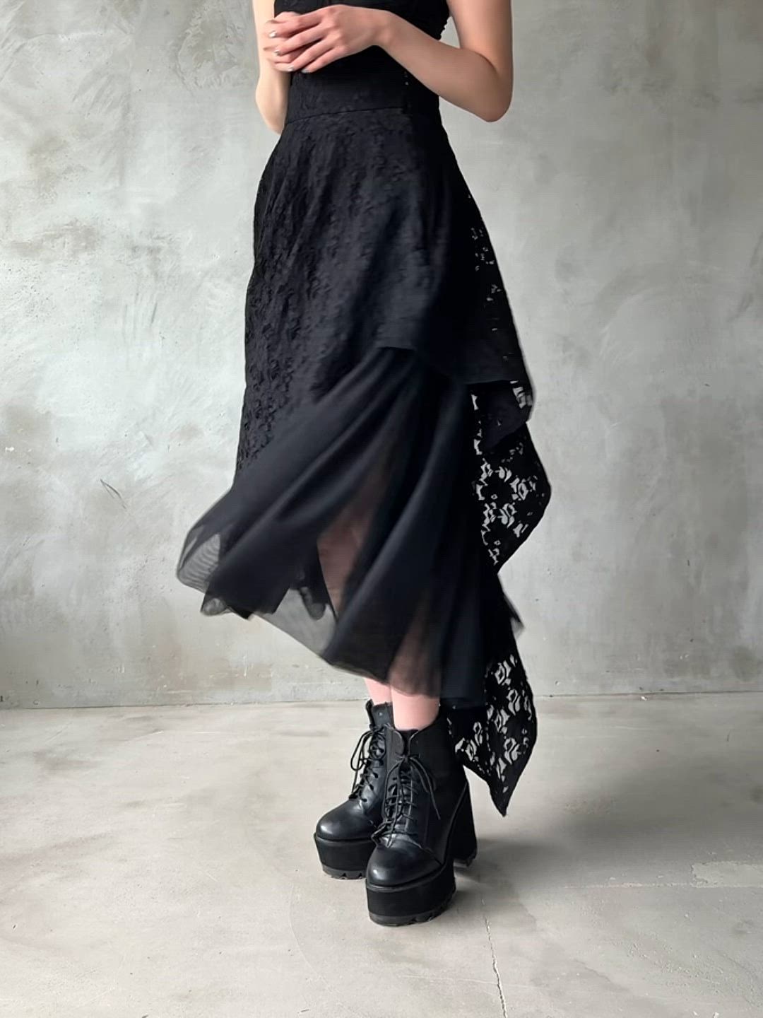 【美品】STELLA McCARTNEYアシンメトリーレースドレススカートS黒 アシンメトリーフレアレーススカート/SETUP対応（スカート）｜Ellno de