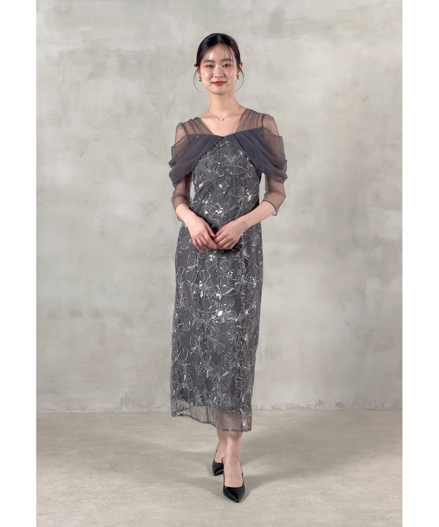 チュールドレープ スパンコール 花刺繍 ドレス 結婚式 パーティー