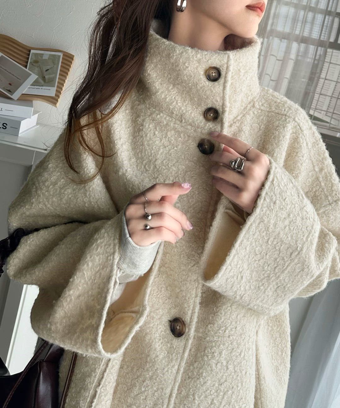 セール】温かふんわりエレガント。ボア素材スタンドネック オーバー