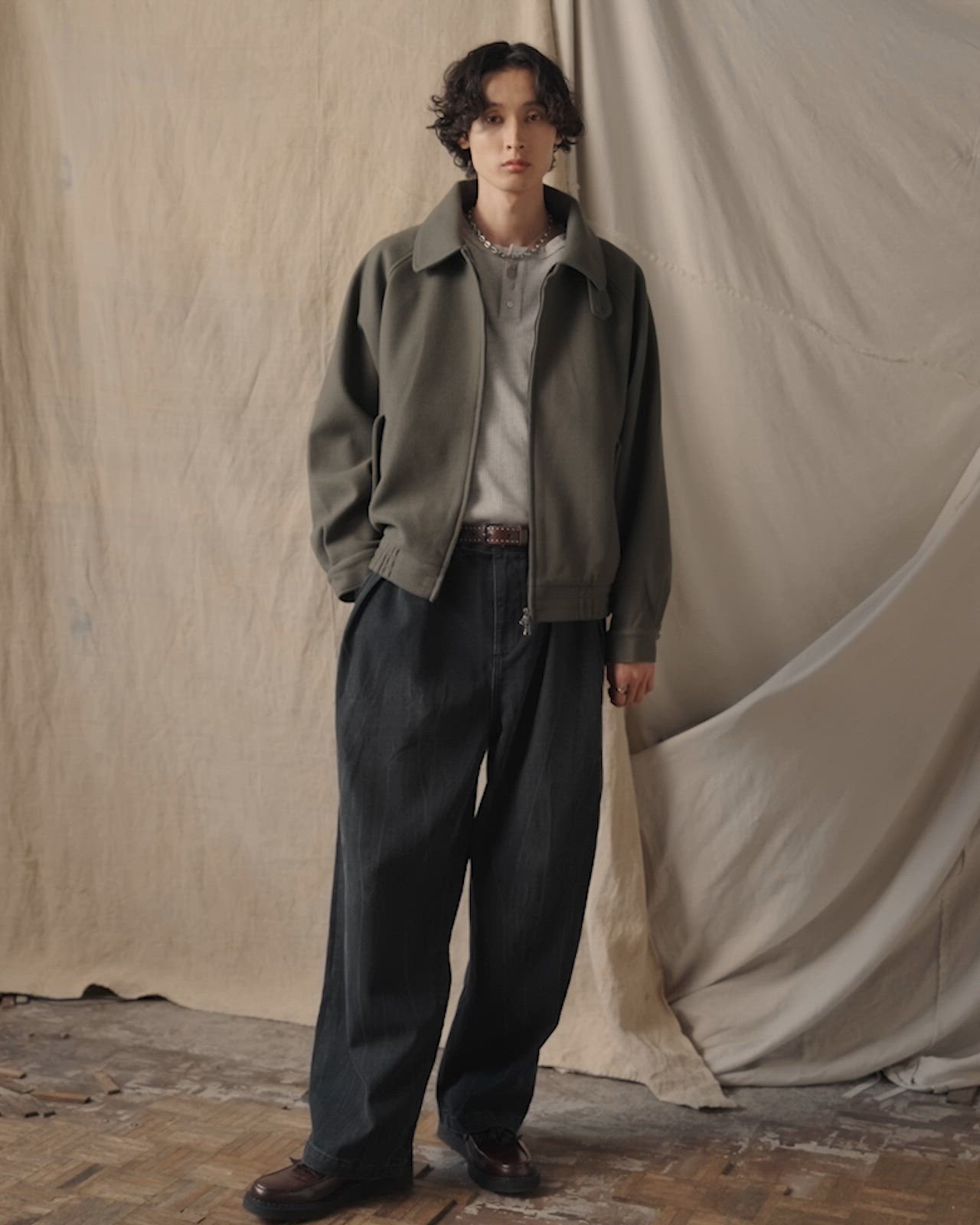 ダブルジップ メルトンハリントンジャケット チンストラップ付き