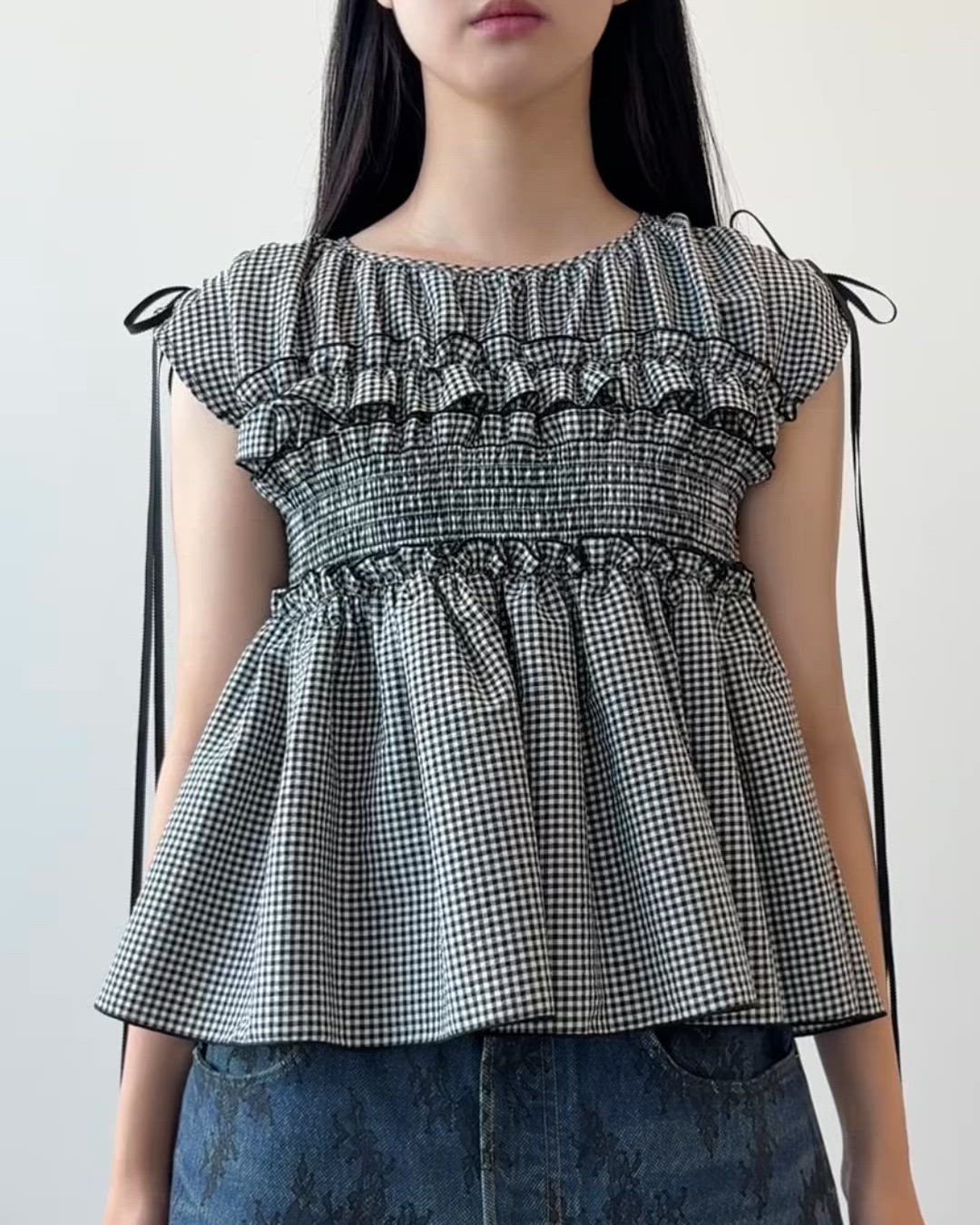セール】Shirred ribbon blouse／シャーリングリボンノースリーブ