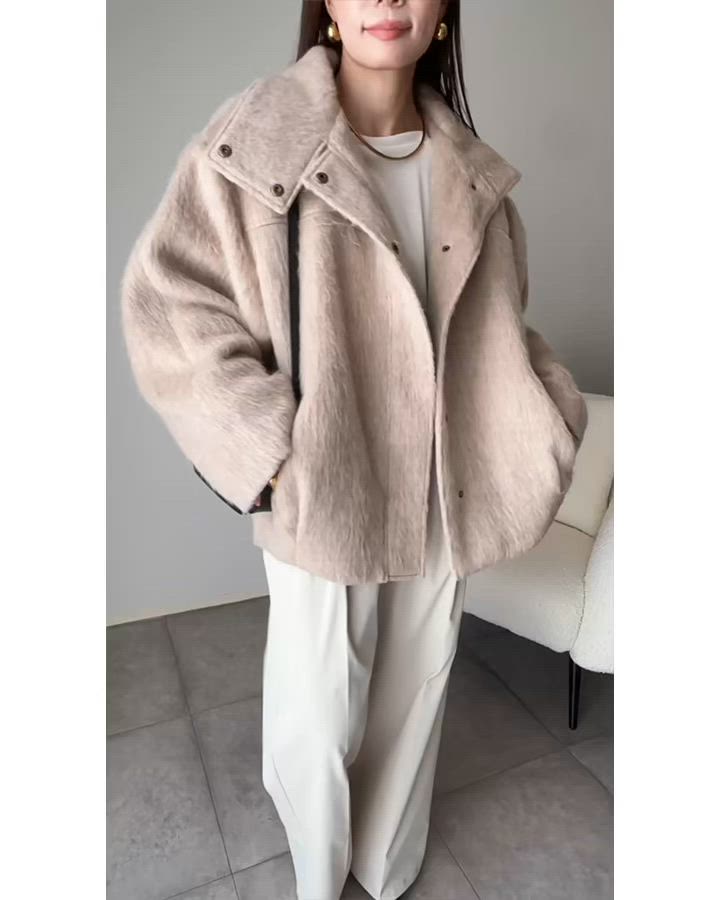 セール】暖かさとおしゃれを両立♪ミックスシャギースタンドカラー比翼