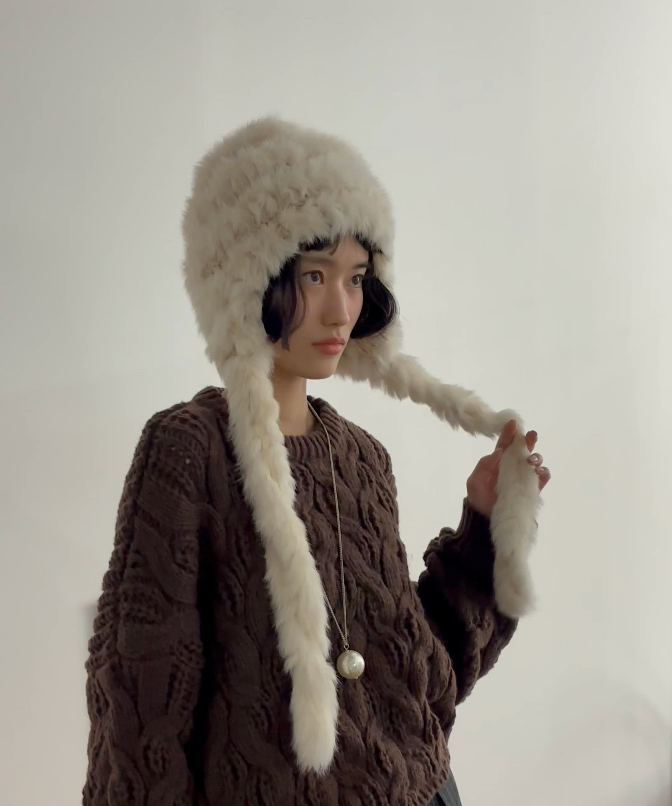 セール】ラビットファー編み込みニットキャップ（ニットキャップ