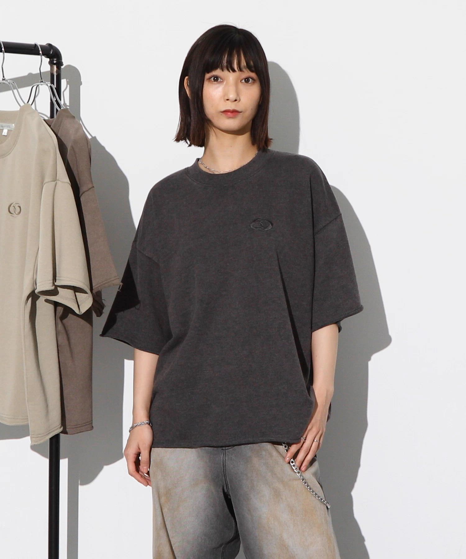 ヴィンテージ加工 ワンポイント刺繍 カットオフ半袖スウェット（T