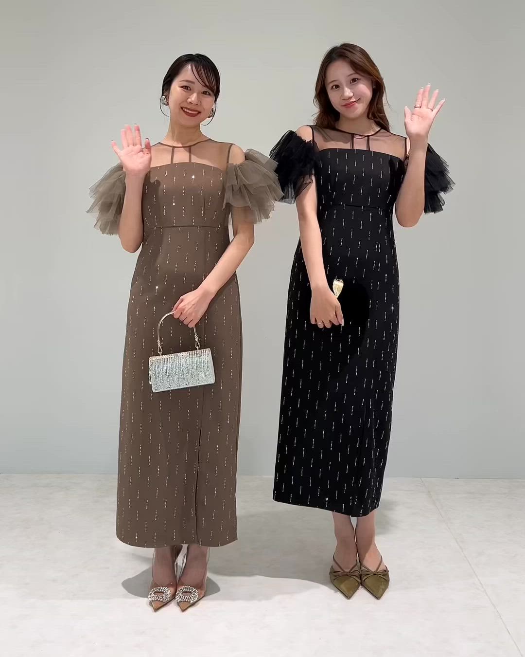 セール】【LEJA】オープンショルダーチュールストーンIラインドレス