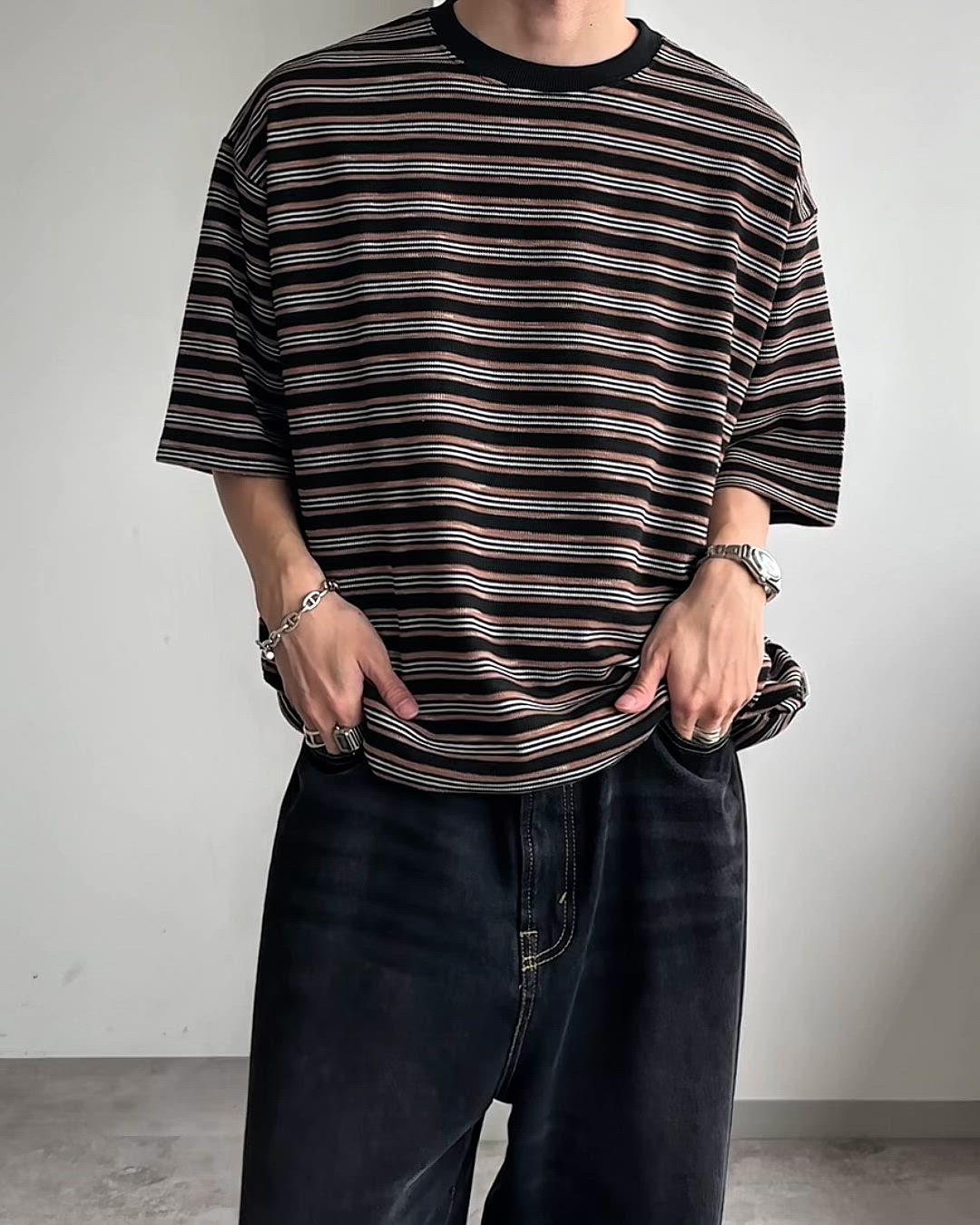 CREW NECK DRAW CORD BORDER TEE / クルーネックドローコードボーダーT