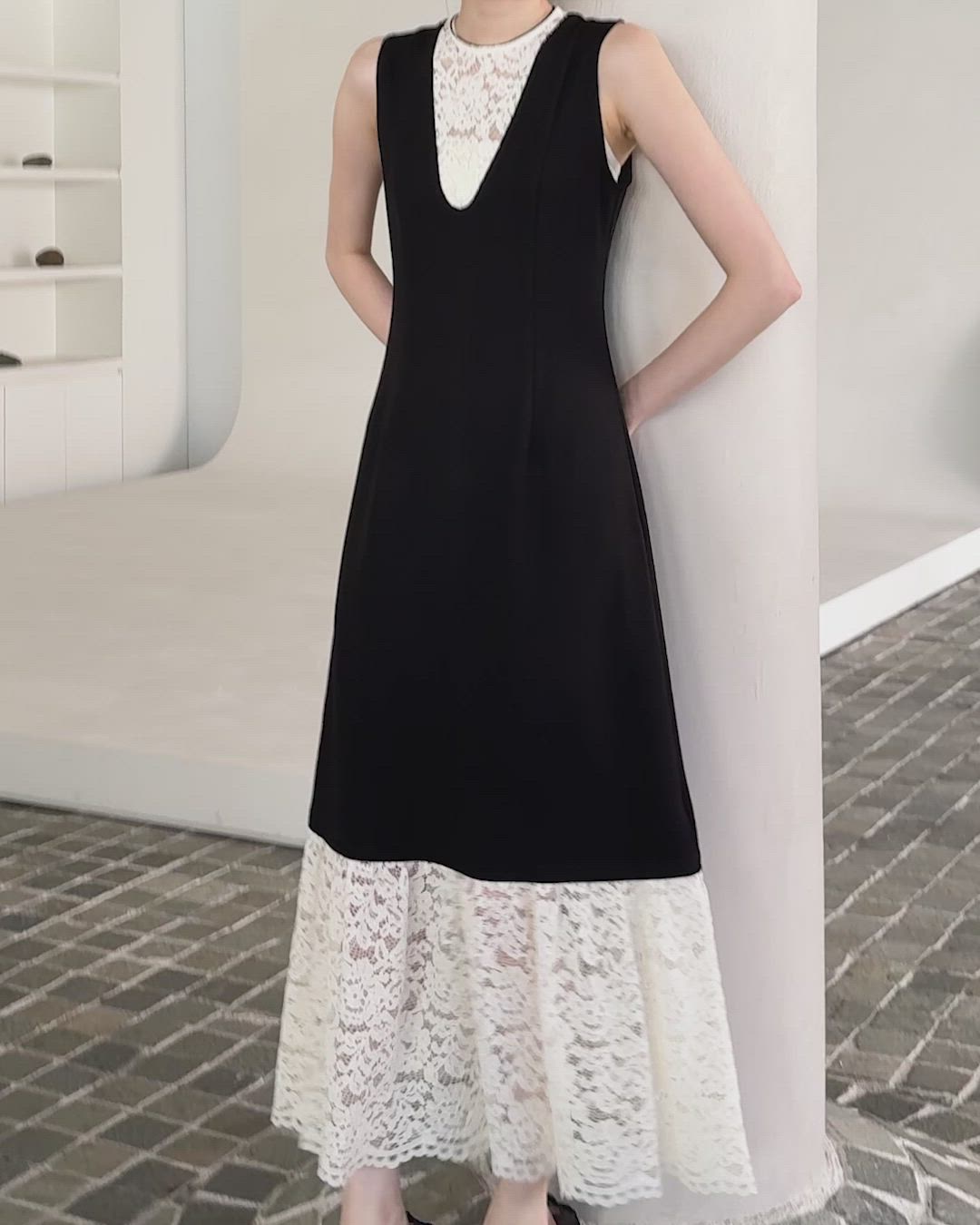 bicolor lace layered long dress /バイカラーレースレイヤードロング