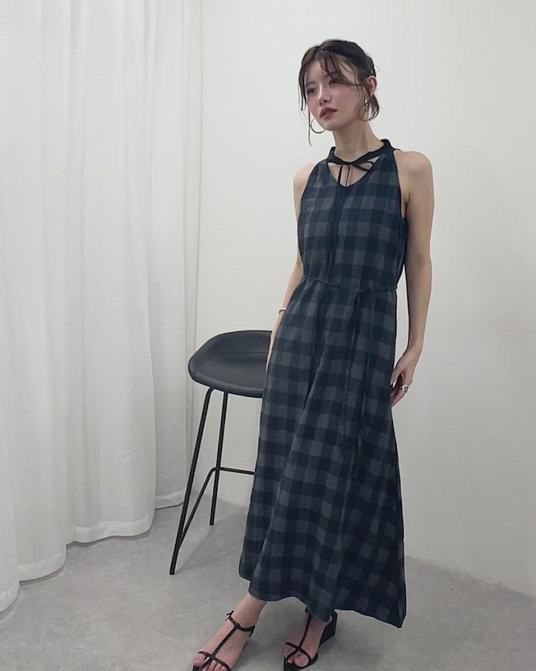 neck ribbon check long dress /ネックリボンチェック柄ロングドレス