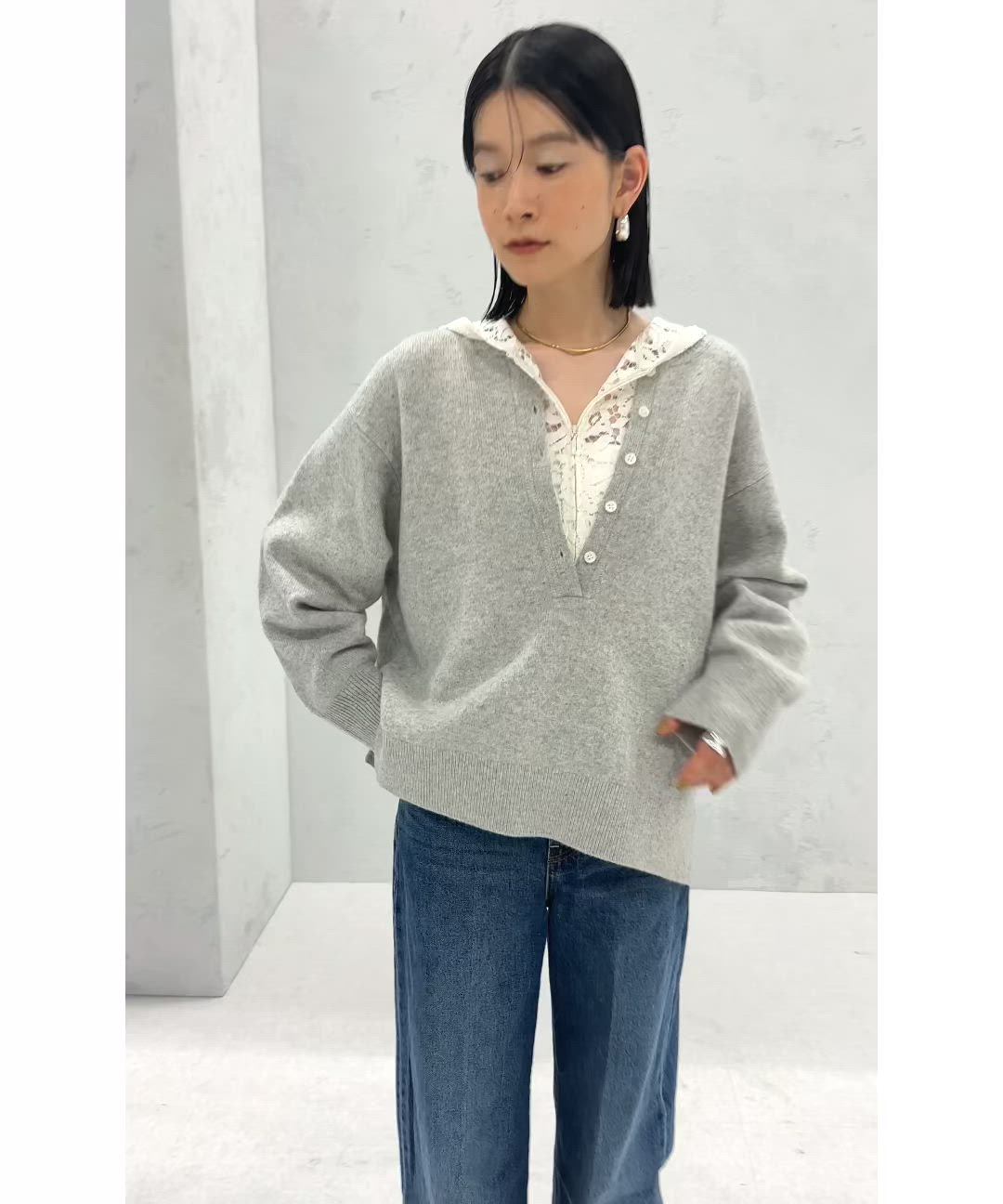 N♡プロフ必読◆リナシメント◆カシミヤ混ウール！グレー”パーカーニット 手洗い可能〉ウール カシミヤ 2WAY プルオーバー（ニット/セーター