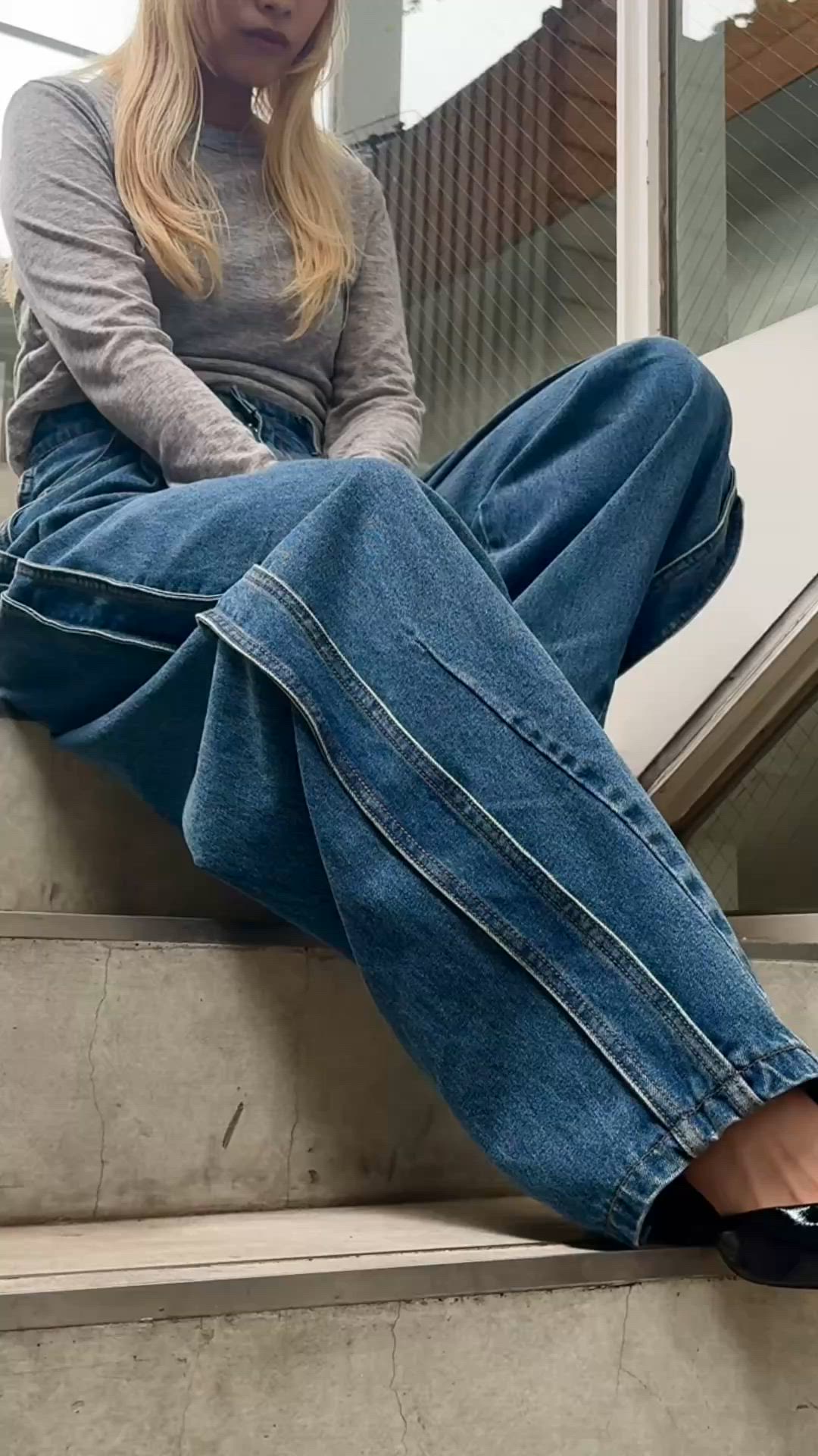 セール】サイドライン タック ワイド ハイウエスト デニムパンツ