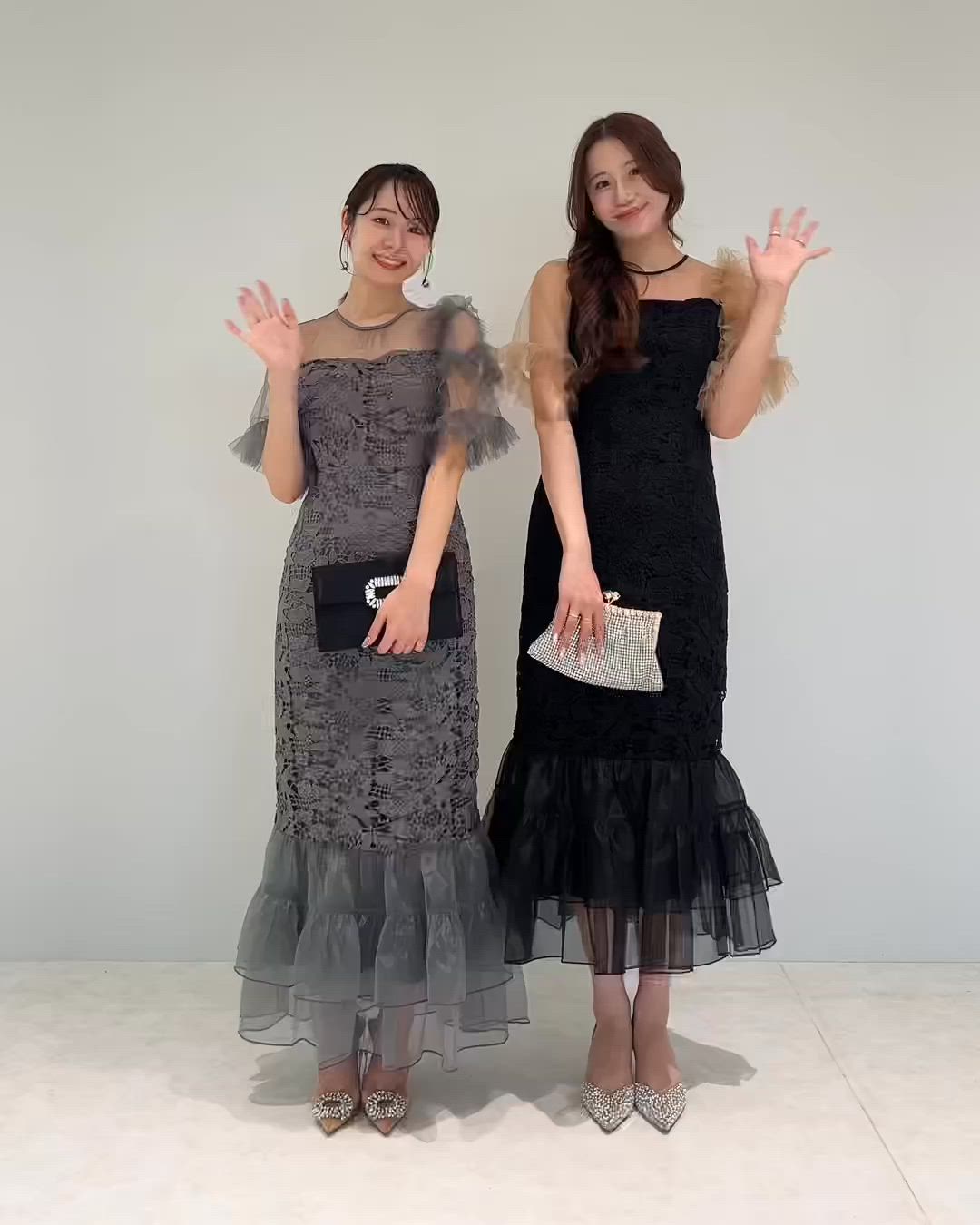 セール】【LEJA】アシンメトリーチュールスリーブレースフリルヘムI