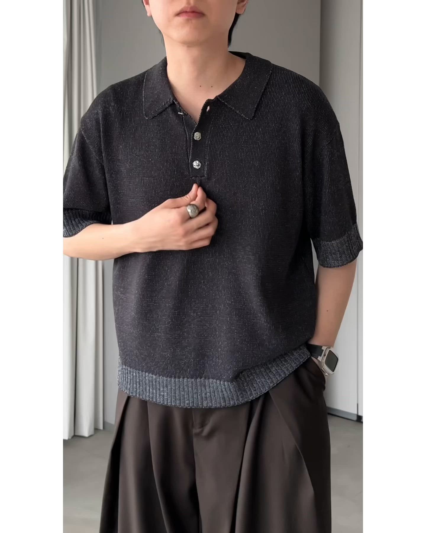 SILVER BUTTON KNIT POLO SHIRT/シルバーボタンニットポロシャツ