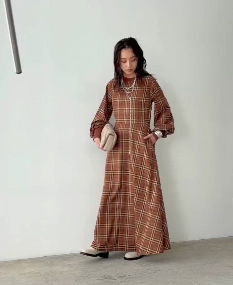 セール】チェックパフスリーブロングワンピース＜大きいサイズ有