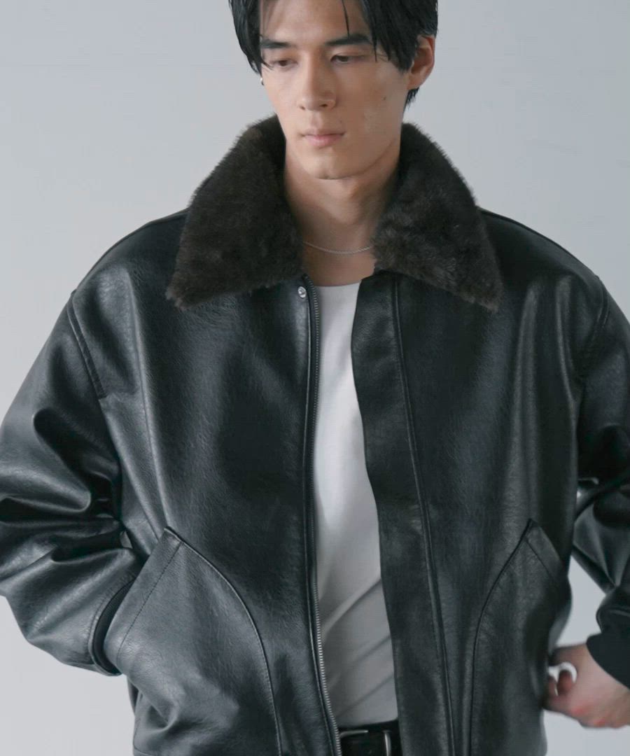 luraku シンセティックレザーファーカラージャケット LURAKU】Synthetic Leather Fur Collar Jacket / LURAKU
