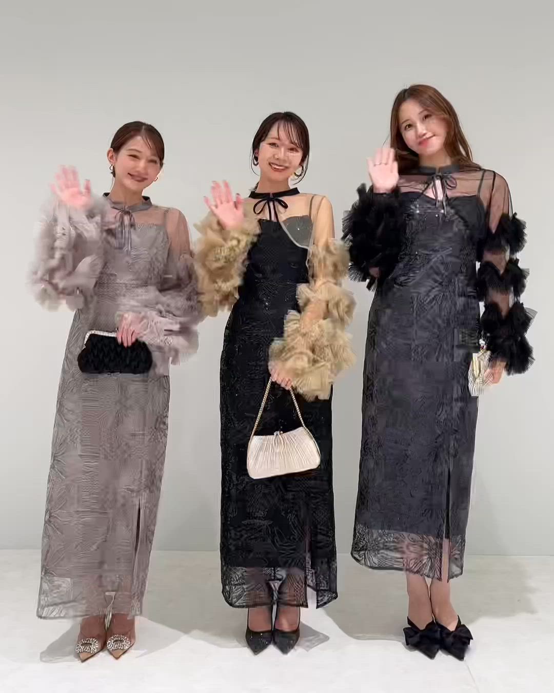 セール】【LEJA】フリルチュールスリーブリボンIラインワンピース