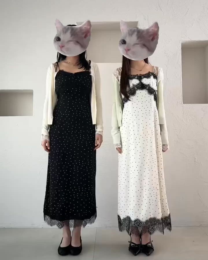 lace docking dot cami onepiece / レースドッキングドットキャミ