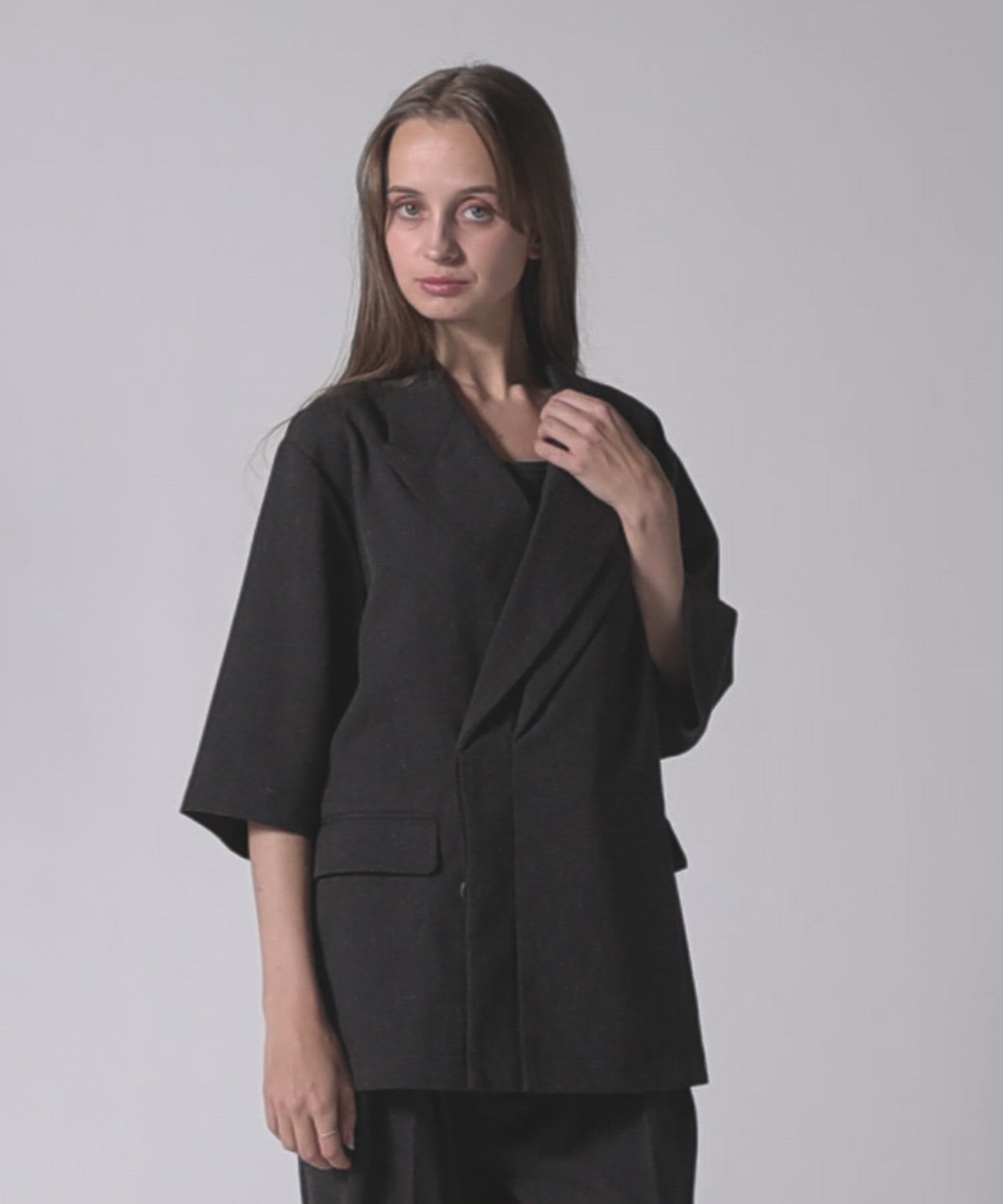 CLEL】Linen Blend Double Lapel Short Sleeve Tailored Jacket/リネン