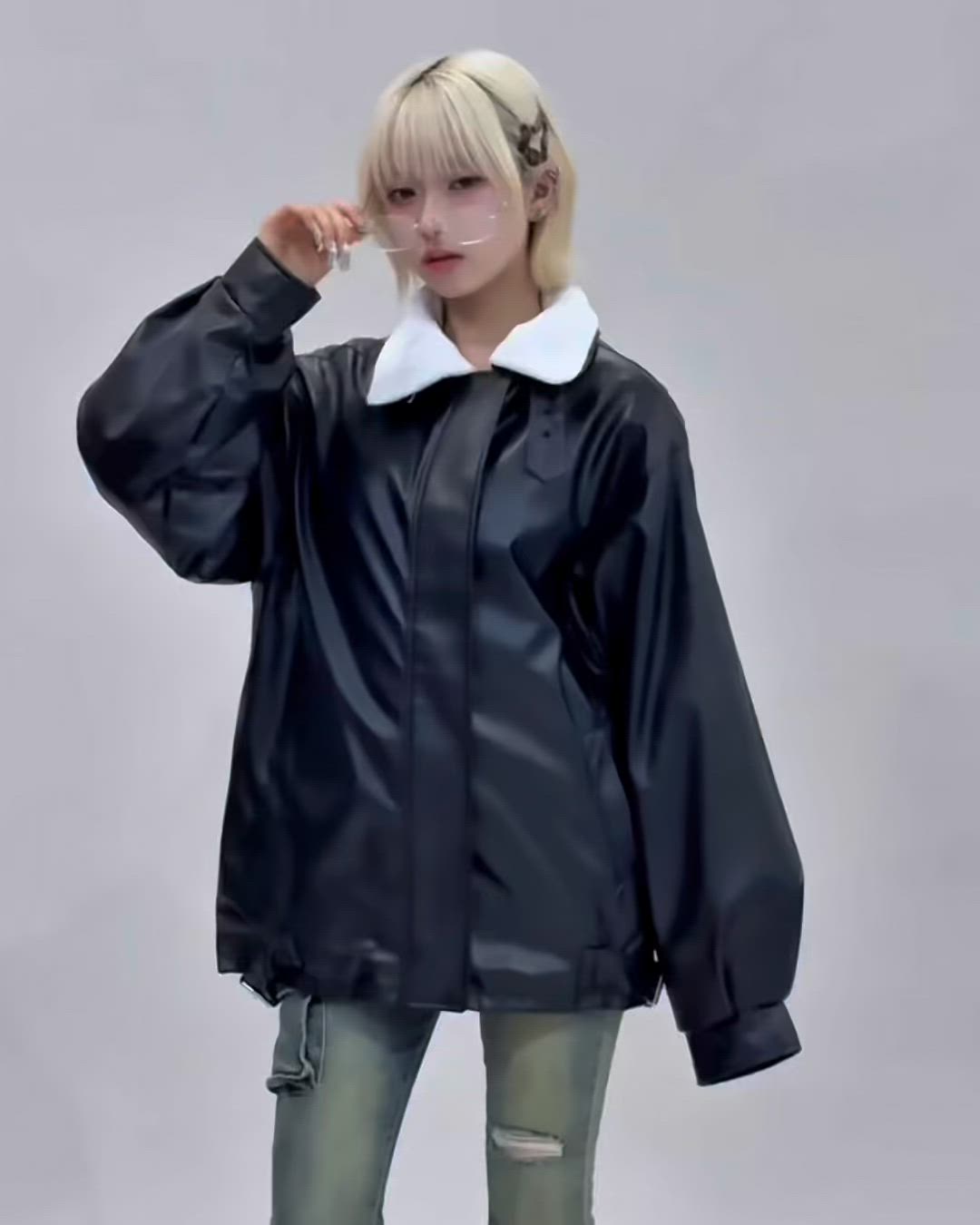 セール】【ユニセックス】オーバーサイズレザーフライトジャケット